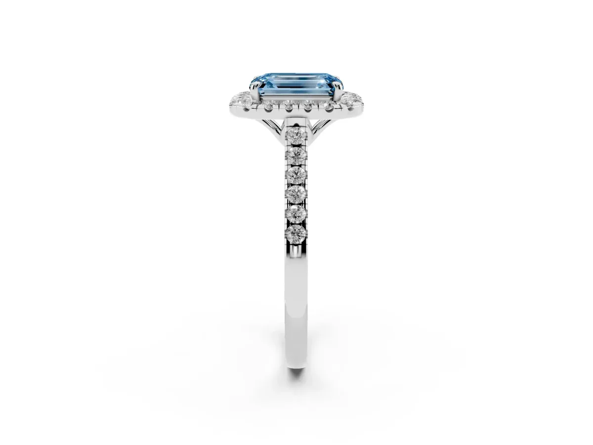 Fancy Blue Emerald Cut Halo Pavé Diamond Engagement Ring with Four-Prong Setting Silver