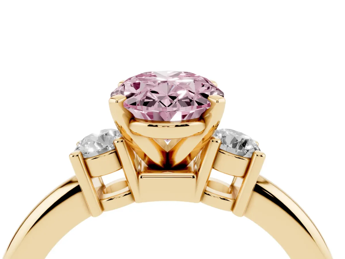Fancy Pink Three-Stone Oval Cut Cut Diamond Solitaire with Prong Setting and Classic Band Yellow gold