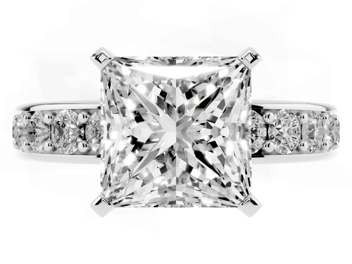 Princess Cut Diamond Engagement Ring with Channel Set Round Band and Prong Setting Platinum