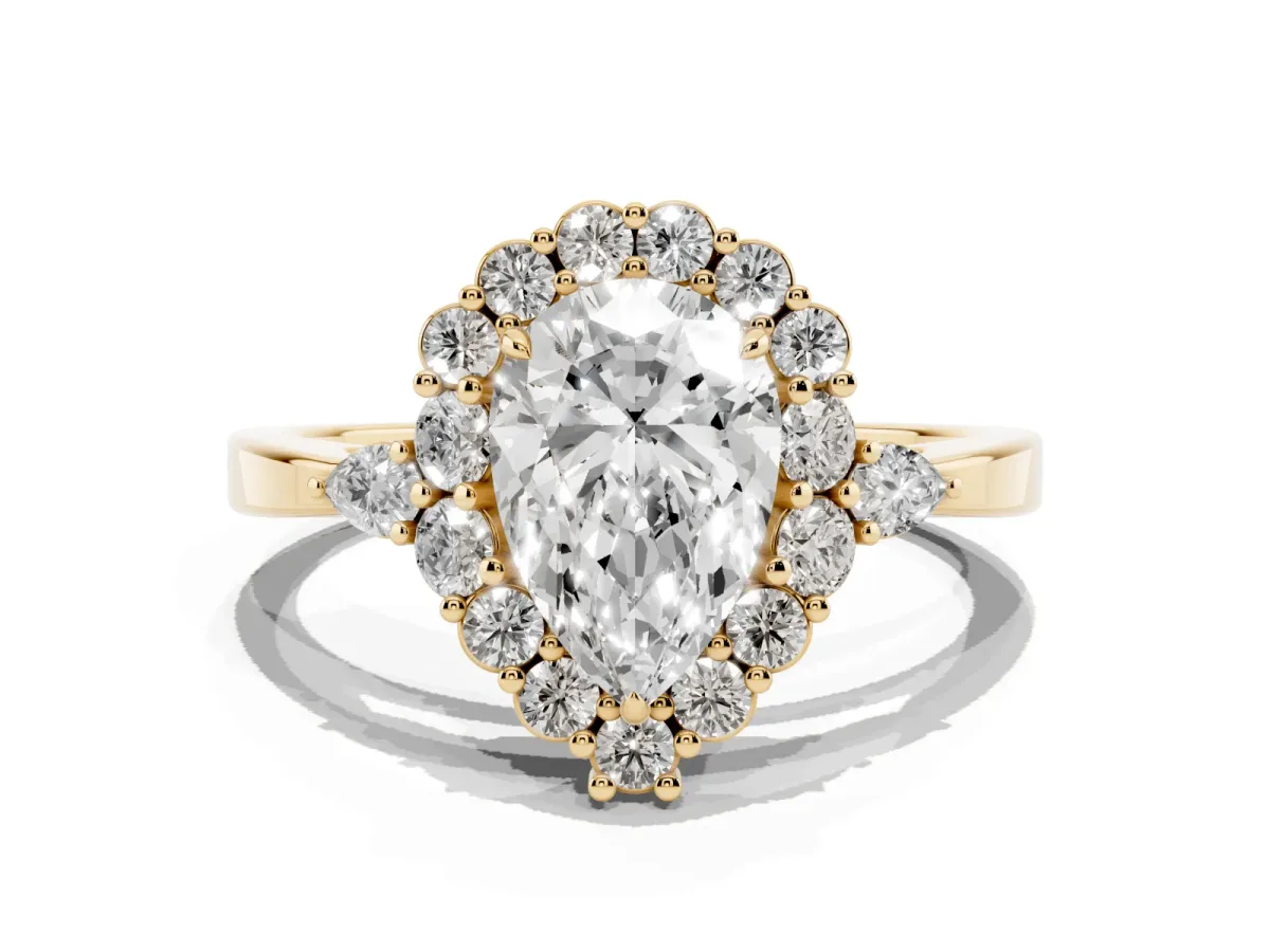 Pear Cut Diamond Halo Ring with Pear Side Stones and Prong Setting Yellow gold