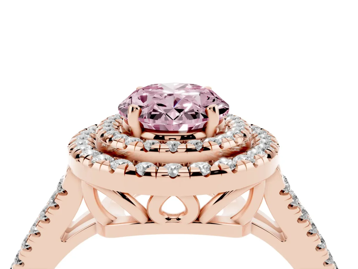 Fancy Pink Oval Cut Diamond Double Halo Ring with Pavé Band and Prong Setting Rose gold