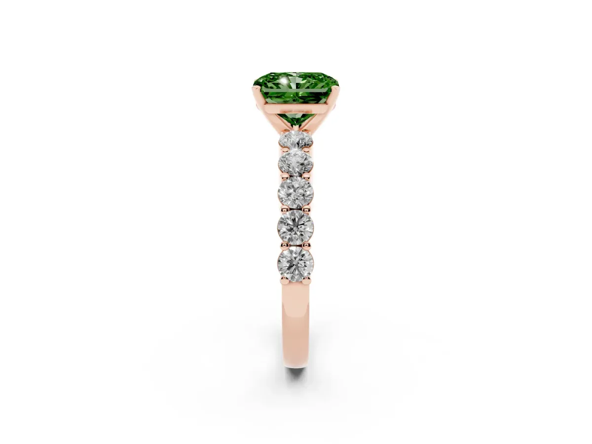 Fancy Green Radiant Cut Diamond Solitaire Ring with Shared Prong Round Side Stones Rose gold