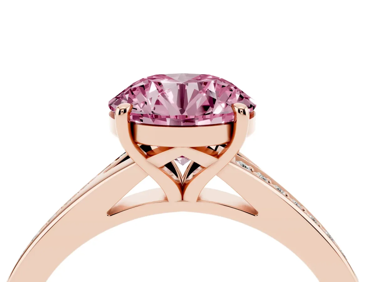 Fancy Pink Round Cut Diamond Solitaire Ring with Pavé Band and Prong Setting Rose gold
