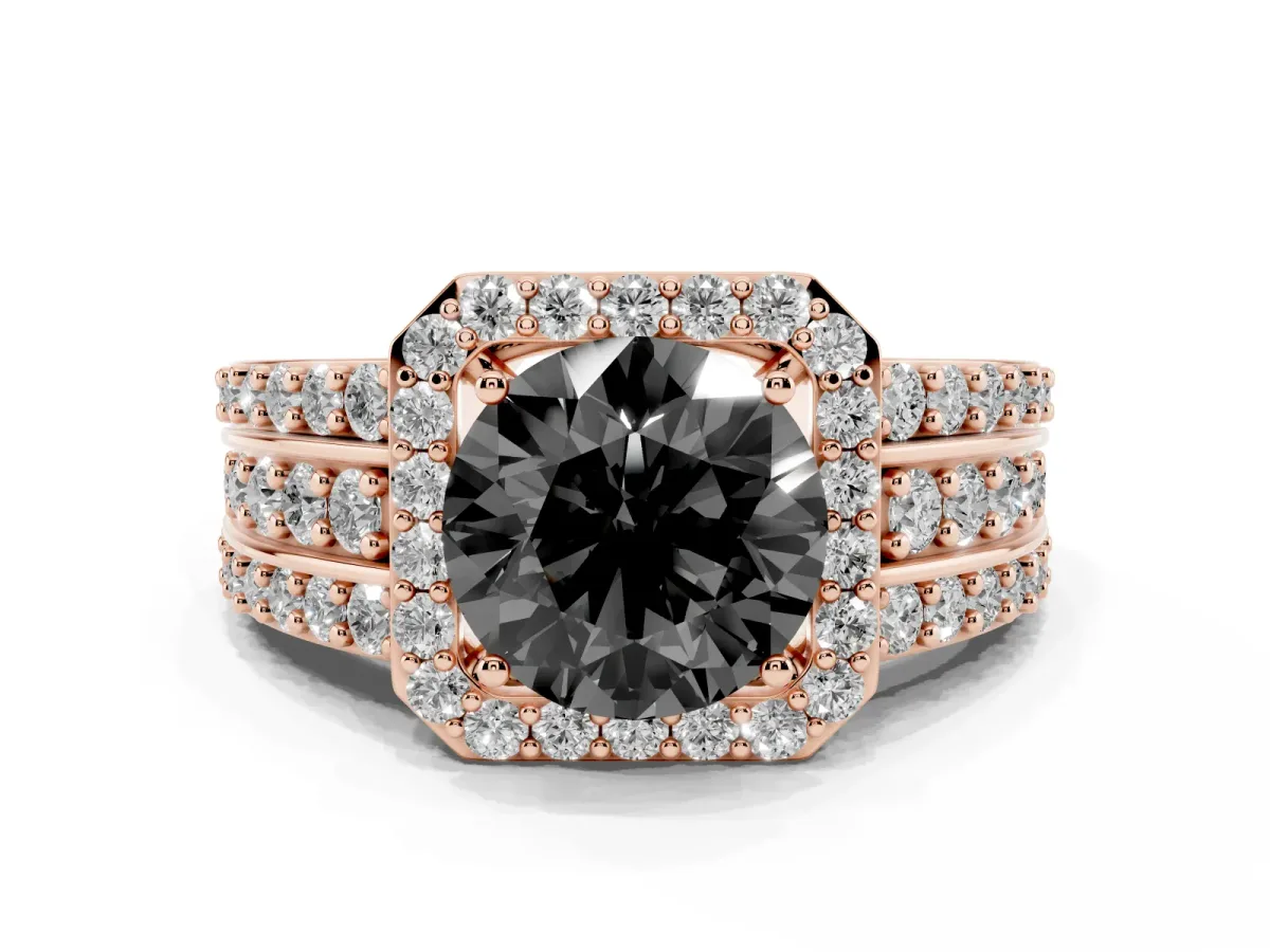 Fancy Black Round Cut Halo Diamond Ring with Round Split Shank and Prong Setting Rose gold