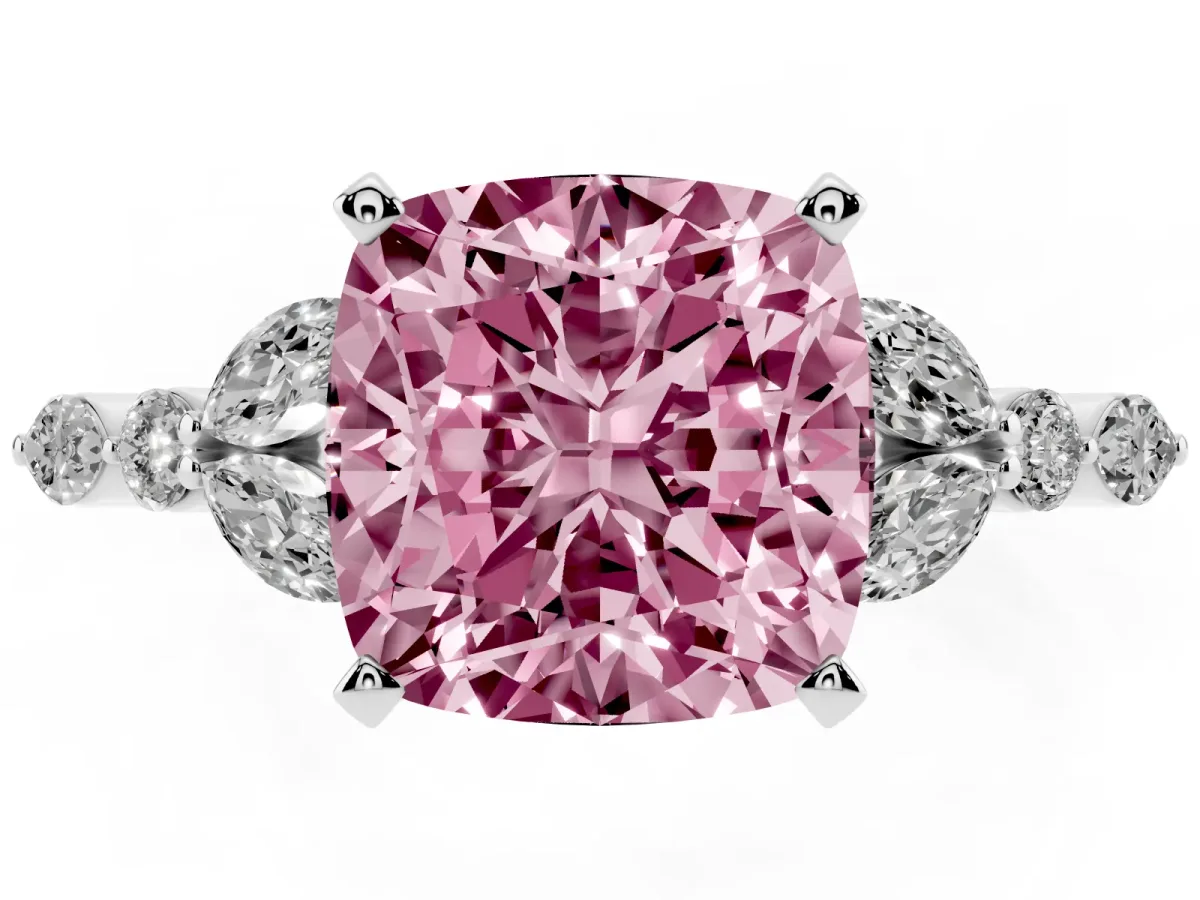 Fancy Pink Cushion Cut Diamond Solitaire Ring with Side Stones and Four-Prong Setting Silver