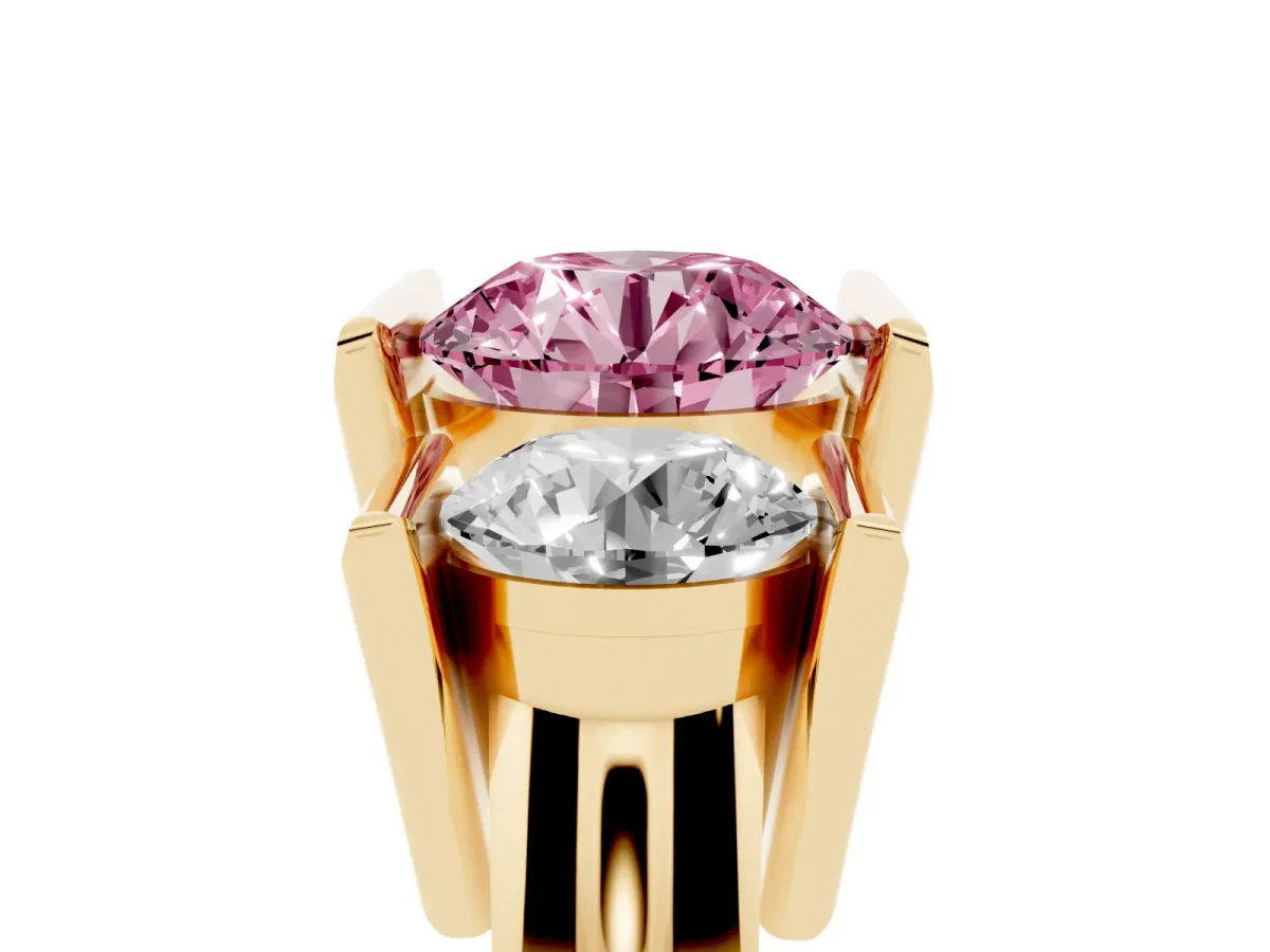 Fancy Pink Three Stone Round Cut Cut Channel Set Diamond Ring Yellow gold