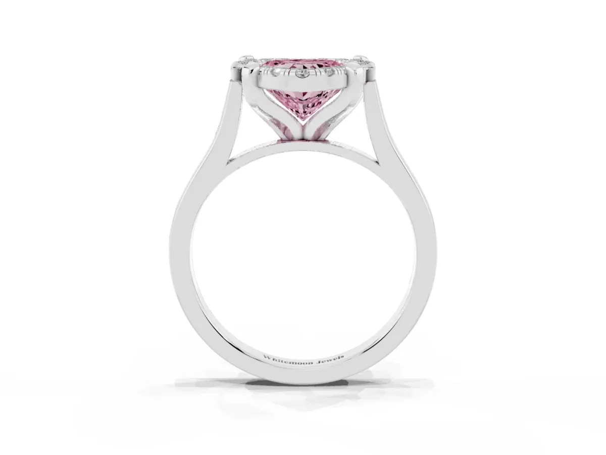 Fancy Pink Heart Cut Diamond Cluster Halo Solitaire with Four-Prong Setting Silver
