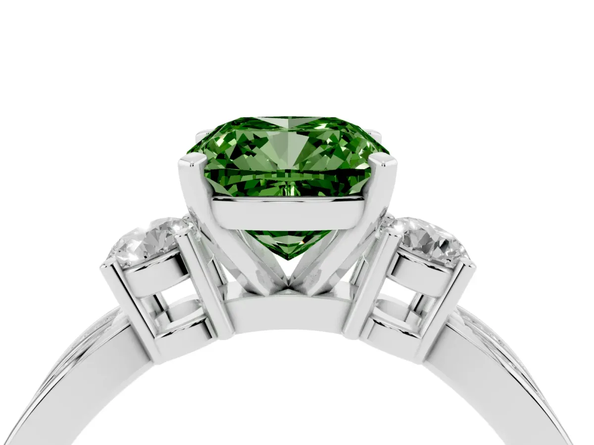 Fancy Green Three-Stone Cushion Cut Cut Diamond Twist Band with Prong Setting Platinum