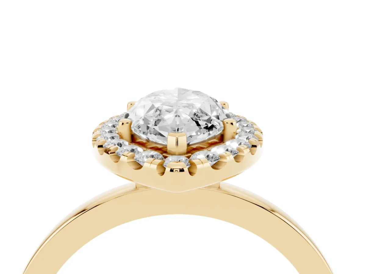 Marquise Cut Halo Diamond Solitaire with Pavé Band and Four-Prong Setting Yellow gold