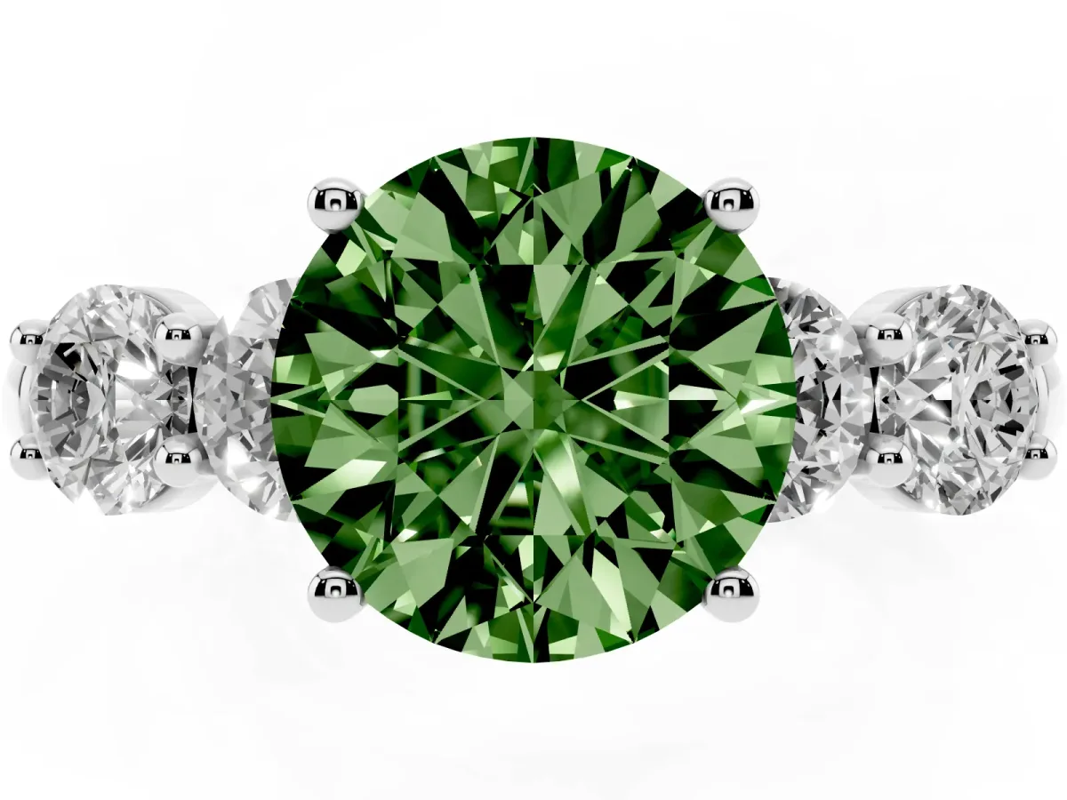 Fancy Green Round Cut Cut Five-Stone Prong Set Diamond Ring with Classic Band Platinum