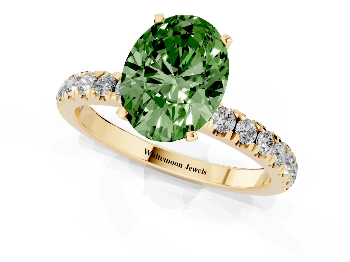 Fancy Green Oval Cut Diamond Solitaire Ring with Pavé Accents and Four-Prong Setting Yellow gold