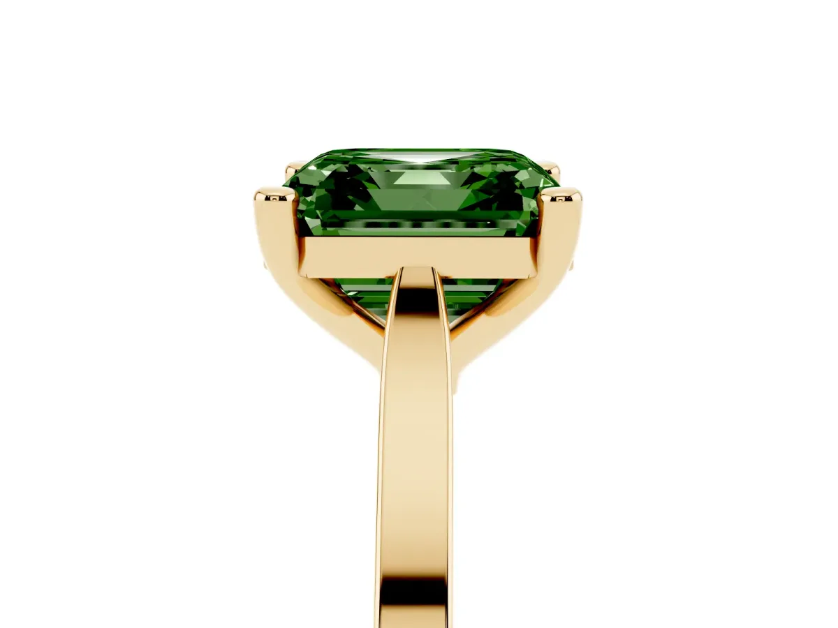 Fancy Green Asscher Cut Solitaire Diamond Ring with Four-Prong Setting and Tapered Band Yellow gold