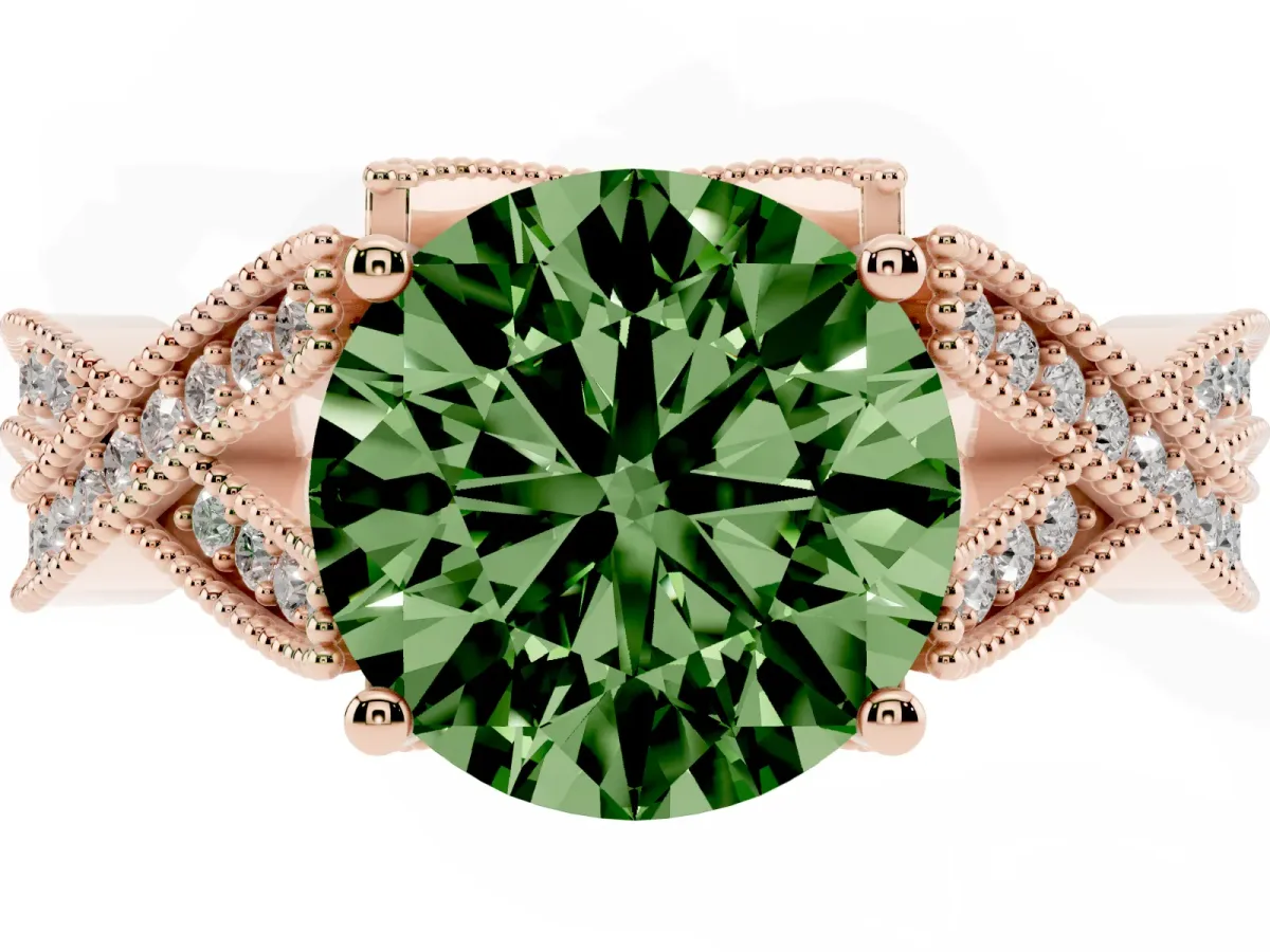 Fancy Green Round Cut Cut Diamond Twisted Band with Milgrain Pave Setting and Four-Prong Setting Rose gold