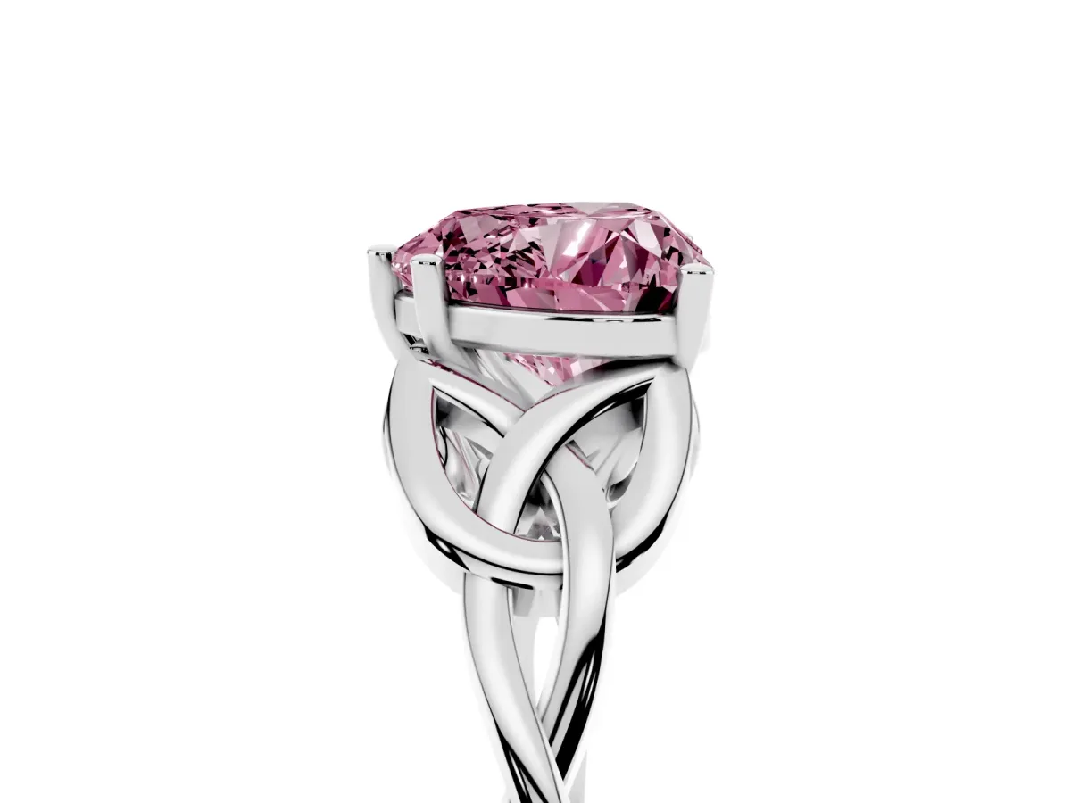 Fancy Pink Heart Cut Diamond Solitaire Engagement Ring with Celtic Knot Band and Four-Prong Setting Platinum