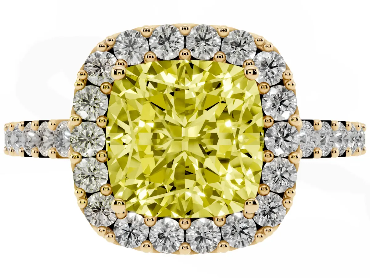 Fancy Yellow Cushion Cut Halo Diamond Pavé Solitaire Ring Yellow gold