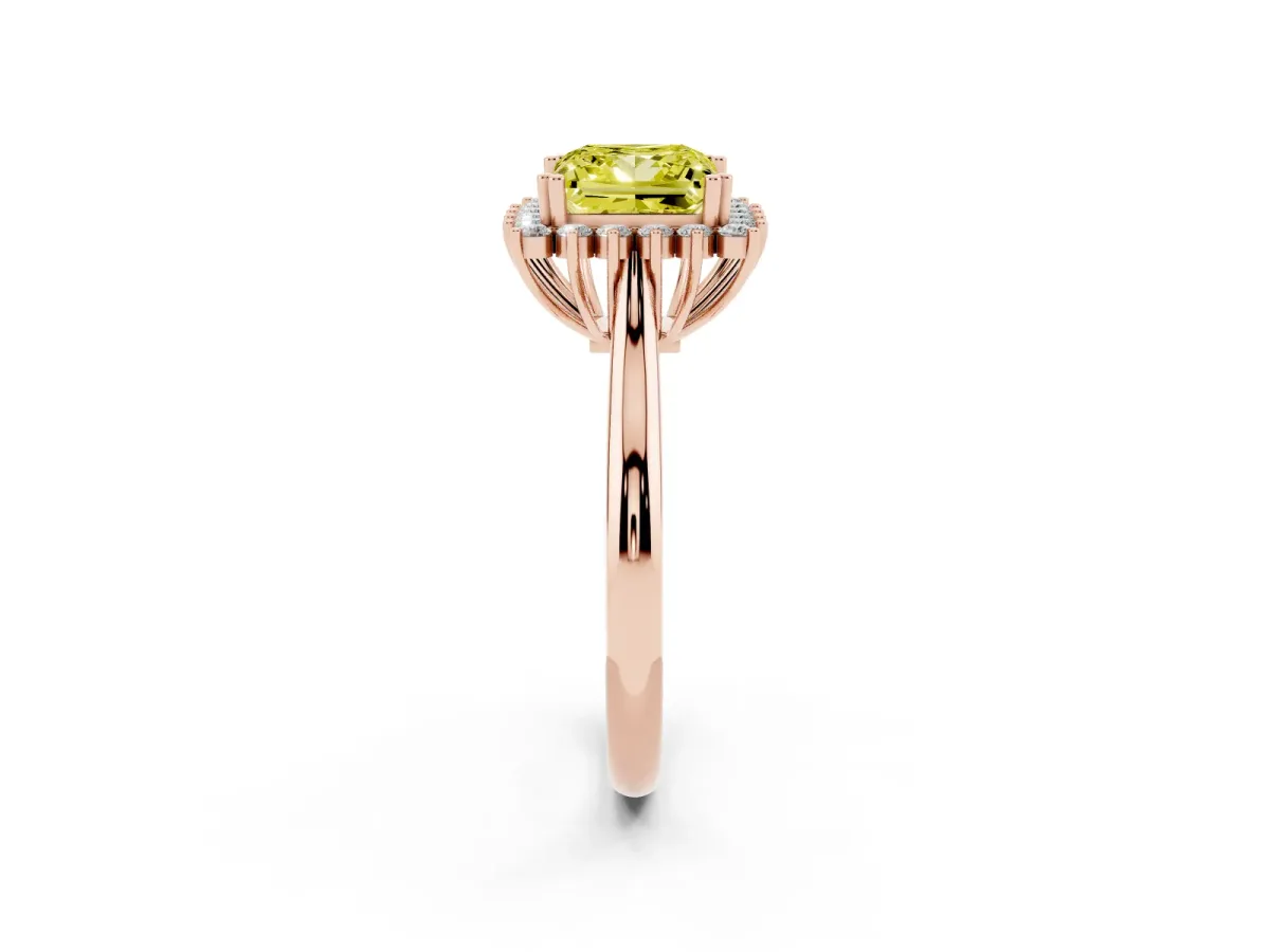 Fancy Yellow Princess Cut Cut Diamond Halo Ring with Solitaire Band and Prong Setting Rose gold