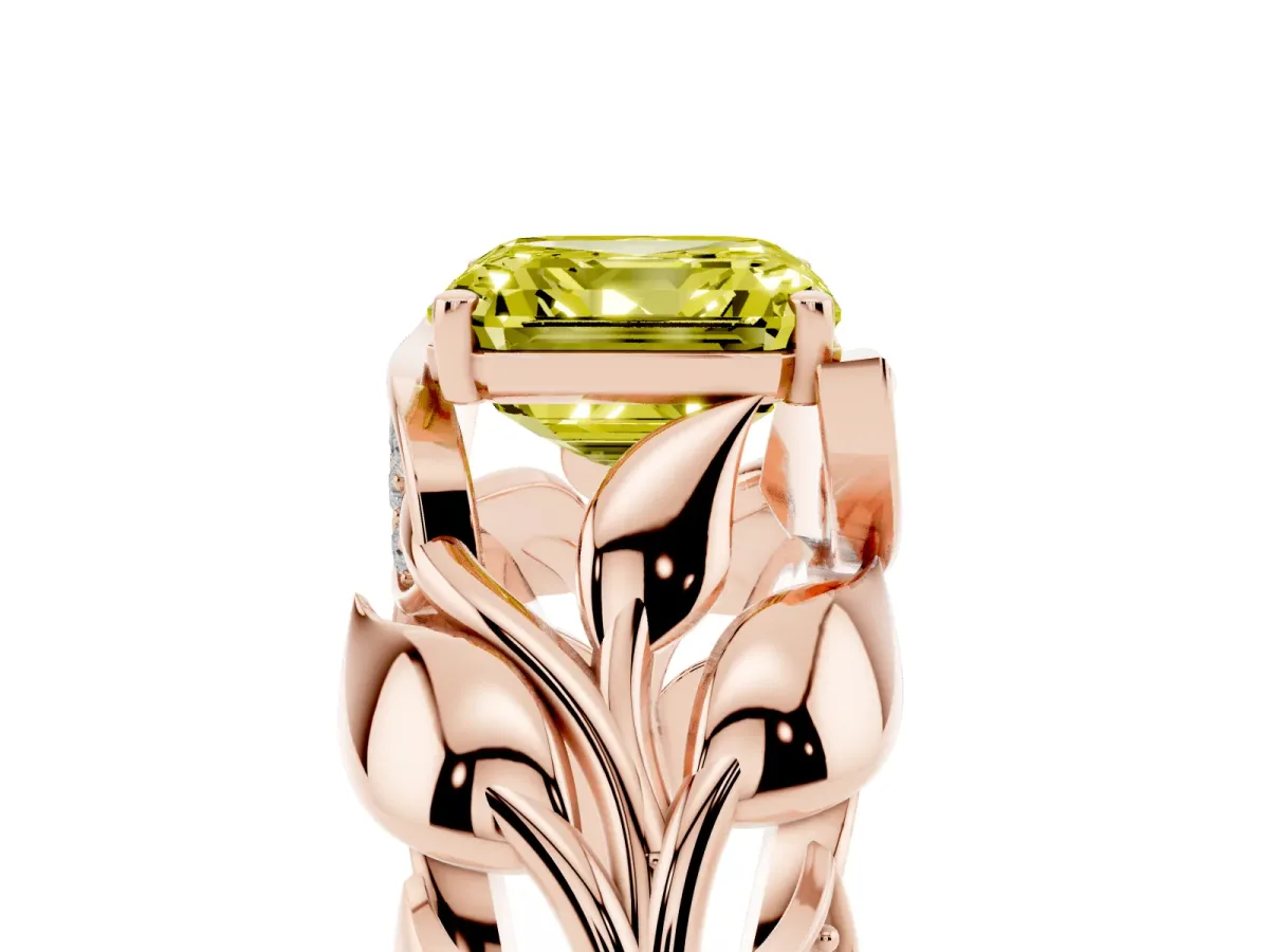 Fancy Yellow Asscher Cut Diamond Leaf-Inspired Engagement Ring with Round Accents and Prong Setting Rose gold