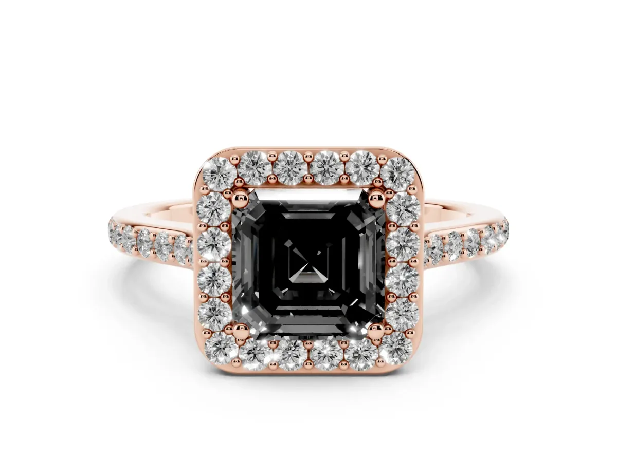 Fancy Black Asscher Cut Diamond Halo Engagement Ring with Round Pavé Shoulders and Prong Setting Rose gold