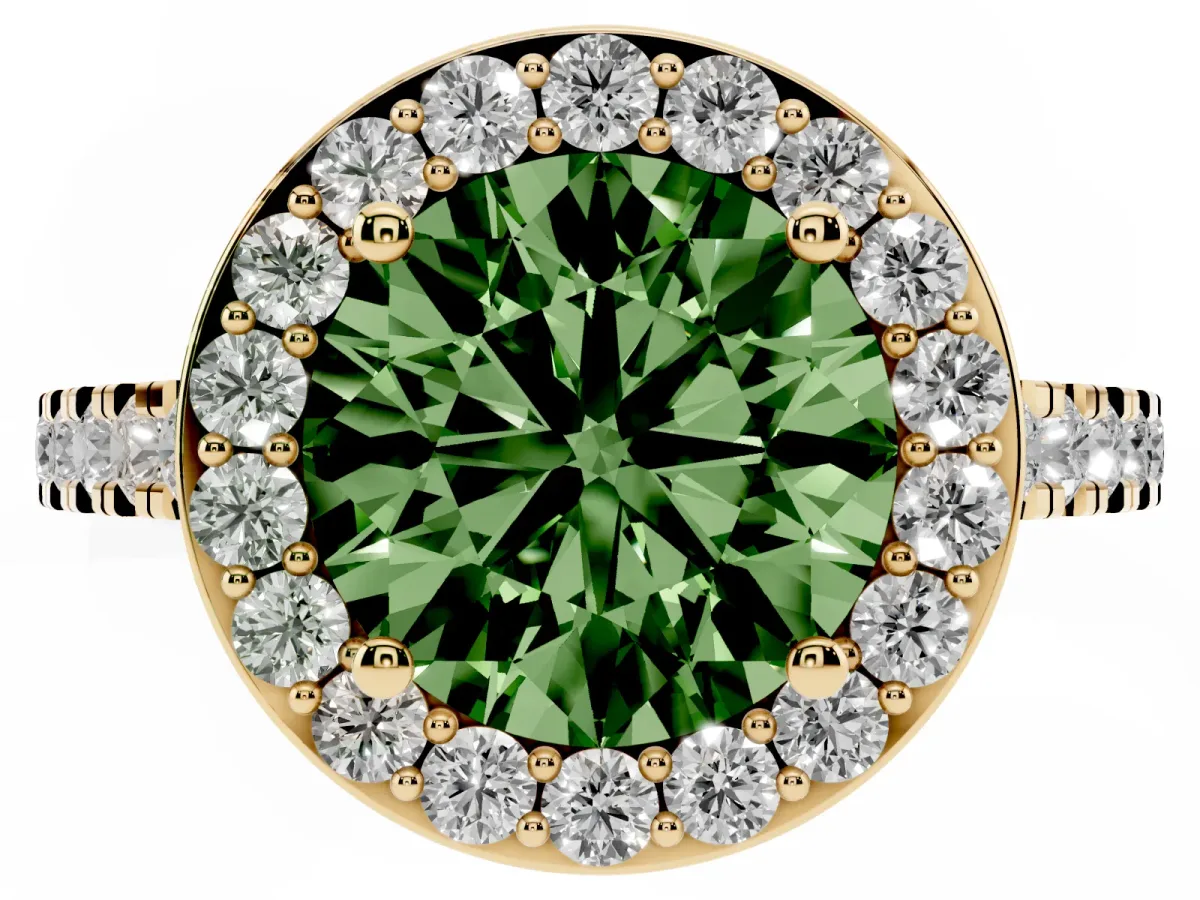 Fancy Green Round Cut Diamond Halo Ring with Round Pavé Split Shank and Prong Setting Yellow gold