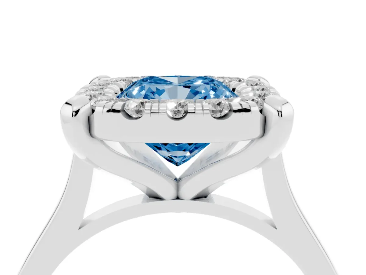 Fancy Blue Cushion Cut Diamond Cluster Halo Solitaire with Four-Prong Setting Silver