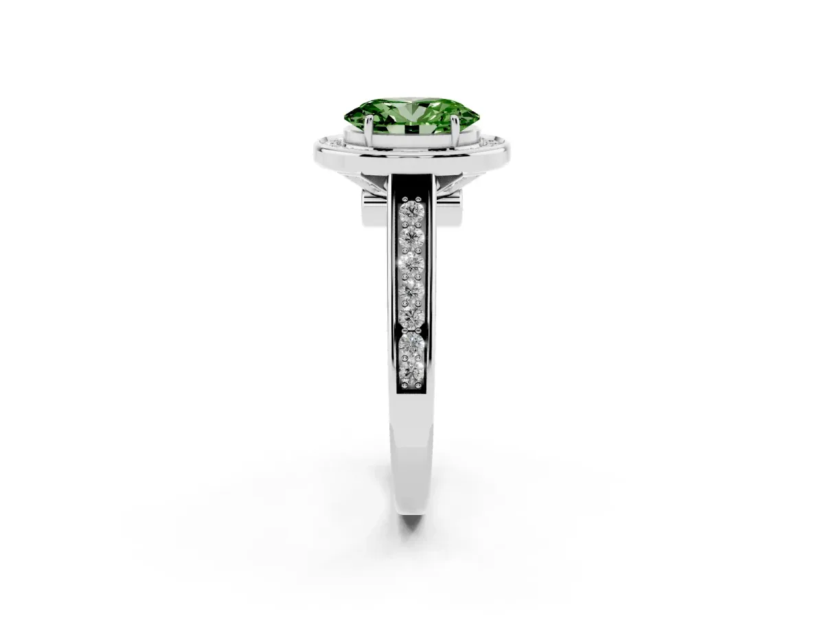 Fancy Green Oval Cut Halo Solitaire Diamond Ring with Pave Band and Bezel Setting Silver