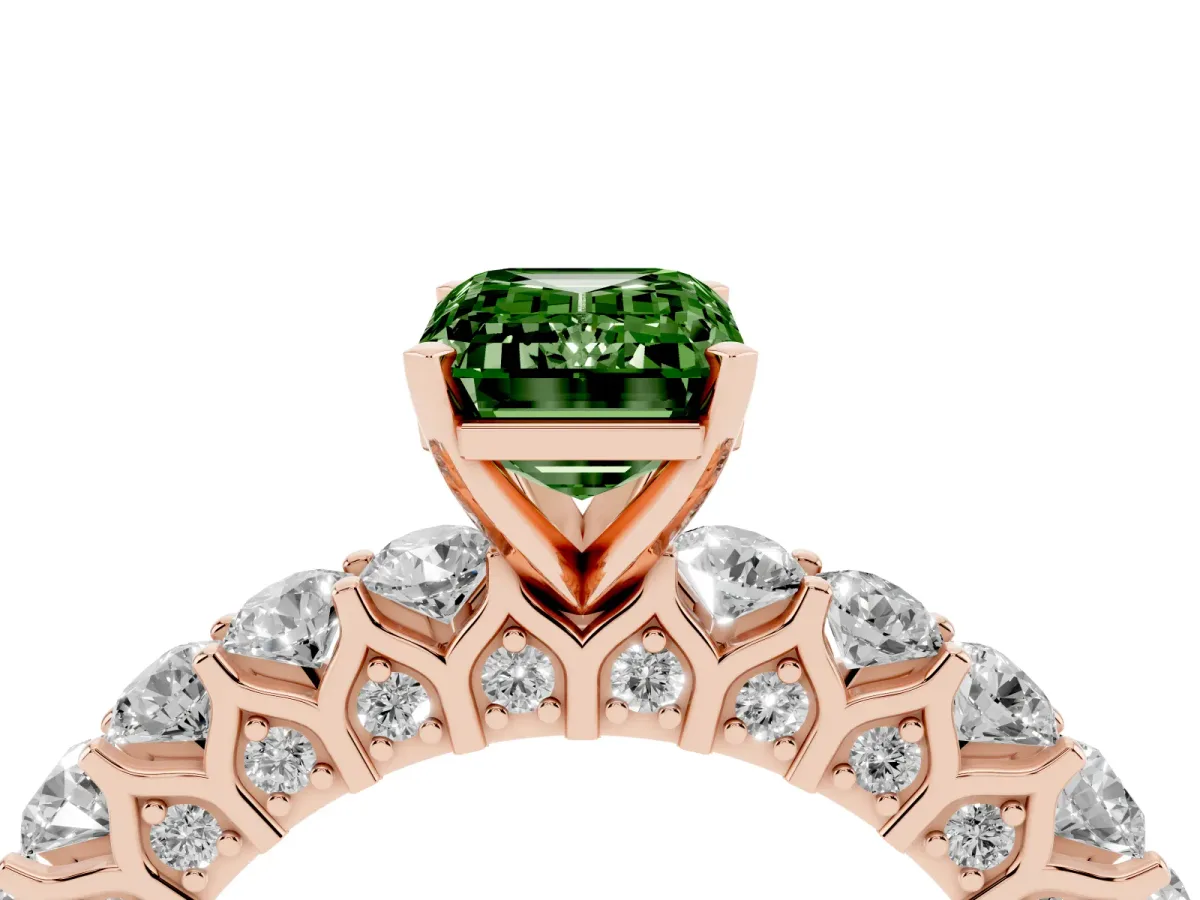 Fancy Green Emerald Cut Diamond Solitaire Ring with Shared Prong Pavé Band and Four-Prong Setting Rose gold