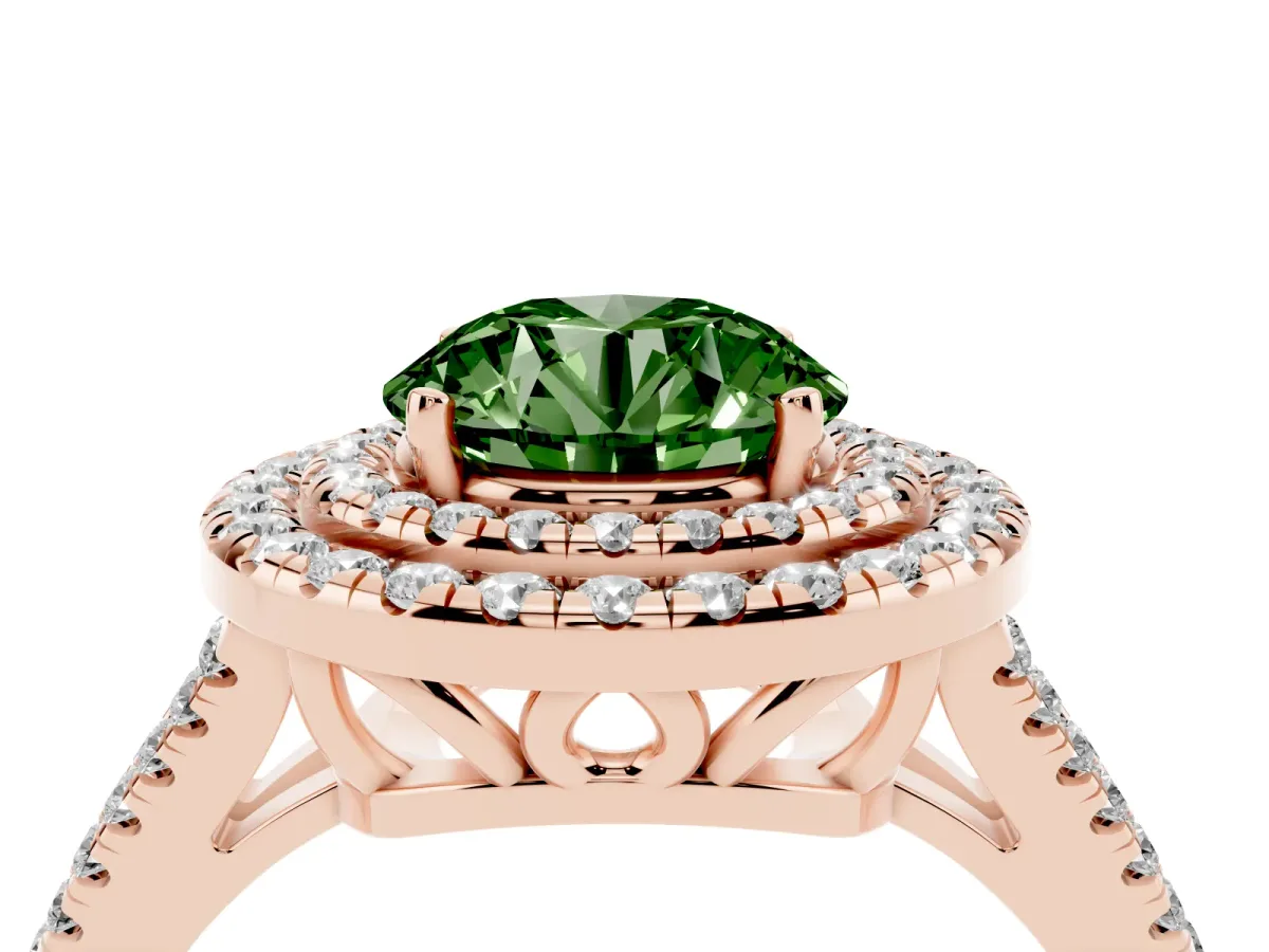Fancy Green Round Cut Diamond Double Halo Ring with Pavé Band and Prong Setting Rose gold