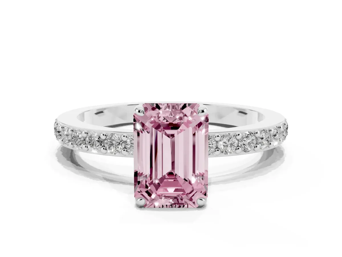 Fancy Pink Emerald Cut Diamond Pavé Engagement Ring with Round Accents and Prong Setting White gold