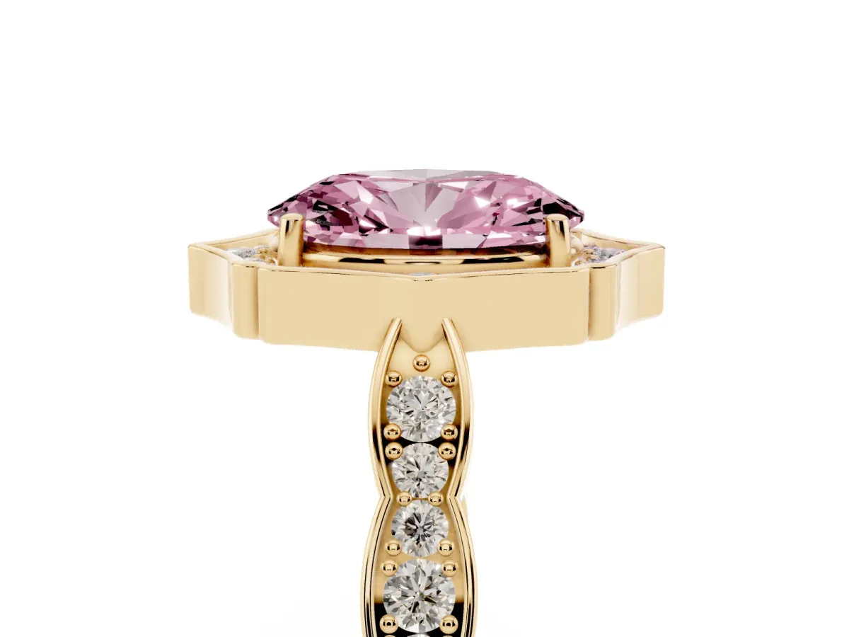 Fancy Pink Oval Cut Halo Diamond Engagement Ring with Milgrain Band and Four-Prong Setting Yellow gold