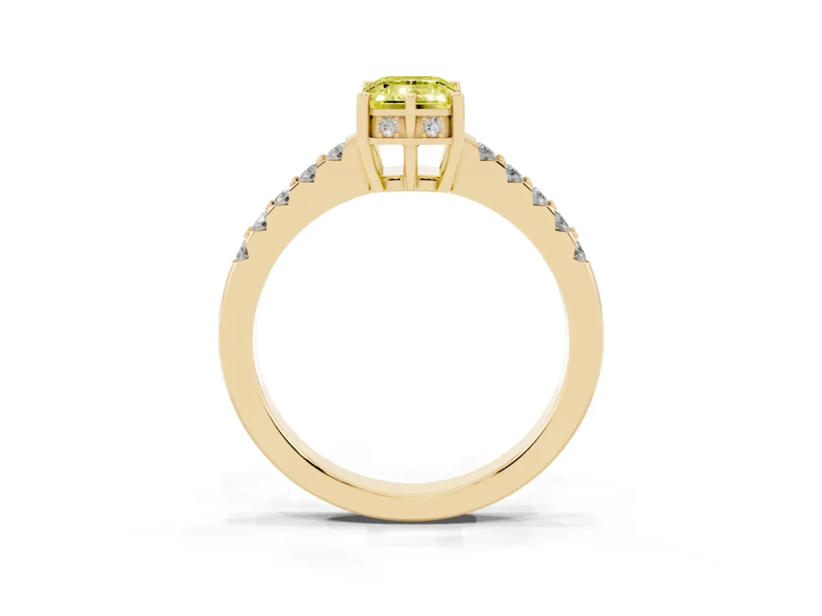 Fancy Yellow Emerald Cut Solitaire Diamond Engagement Ring with Pavé Band and Six-Prong Setting Yellow gold