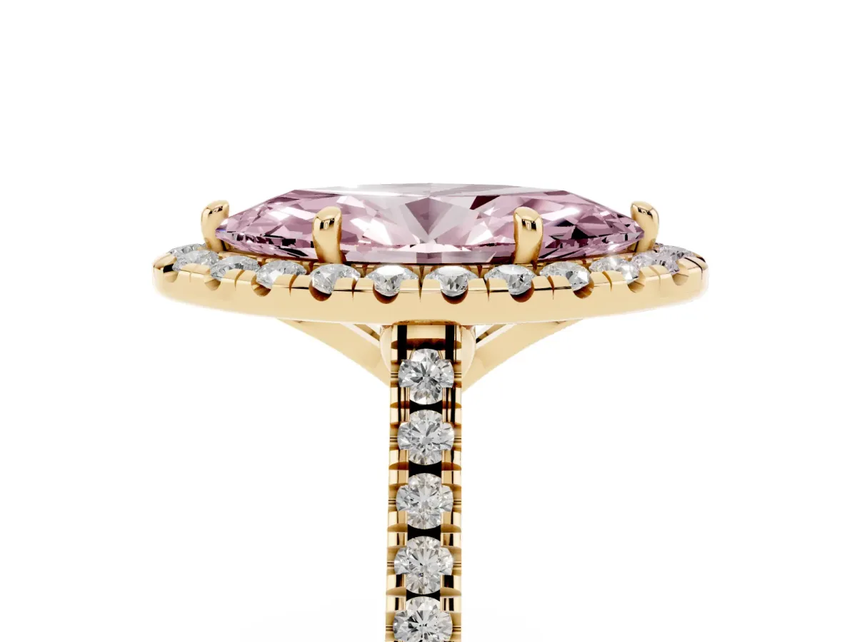 Fancy Pink Marquise Cut Diamond Cushion Halo Ring with Pavé Band Yellow gold