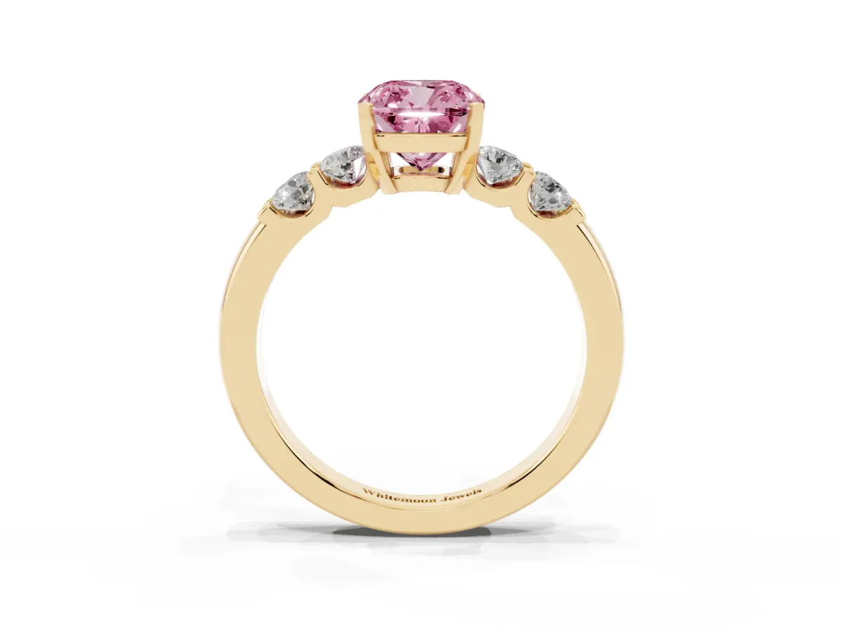 Fancy Pink Cushion Cut Brilliant Cut Diamond Five-Stone Prong Set Engagement Ring with Channel Band Yellow gold