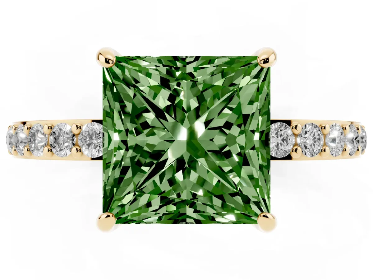 Fancy Green Princess Cut Diamond Pavé Engagement Ring with Round Accents and Prong Setting Yellow gold