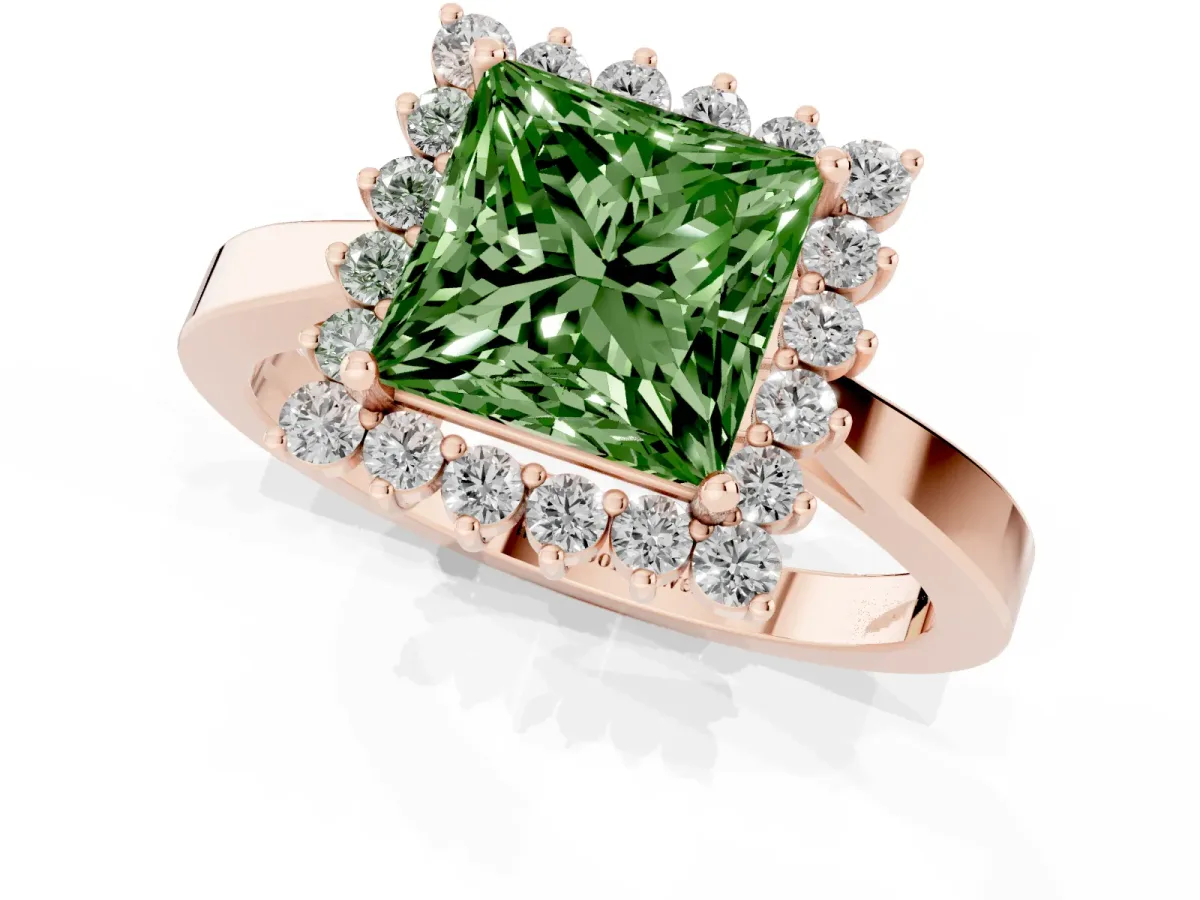 Fancy Green Princess Cut Cut Diamond Halo Ring with Round Brilliant Halo and Solitaire Band Rose gold