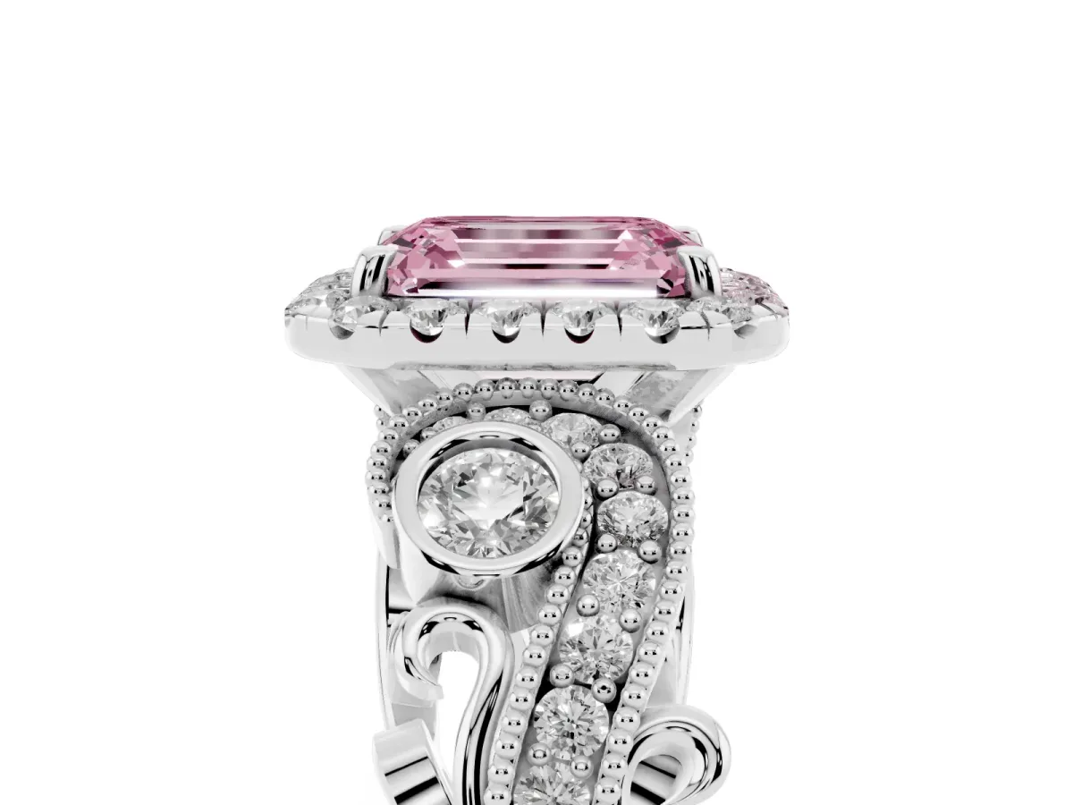 Fancy Pink Emerald Cut Halo Diamond Ring with Milgrain and Bezel Accents on a Split Shank Band White gold