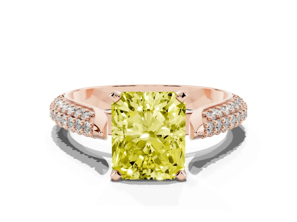 Fancy Yellow Radiant Cut Diamond Solitaire Engagement Ring with Multi-Row Round Pavé Band and Prong Setting Rose gold