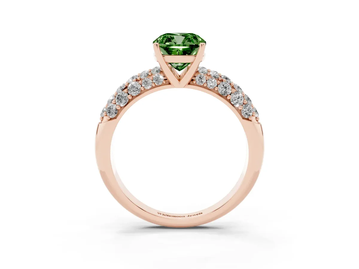 Fancy Green Cushion Cut Diamond Pavé Band Solitaire Ring with Four-Prong Setting Rose gold