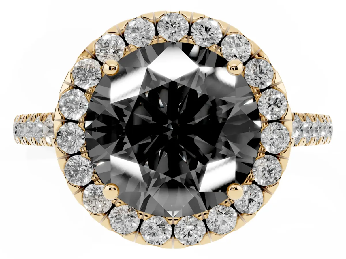Fancy Black Round Cut Halo Pave Diamond Engagement Ring with Four-Prong Setting Yellow gold