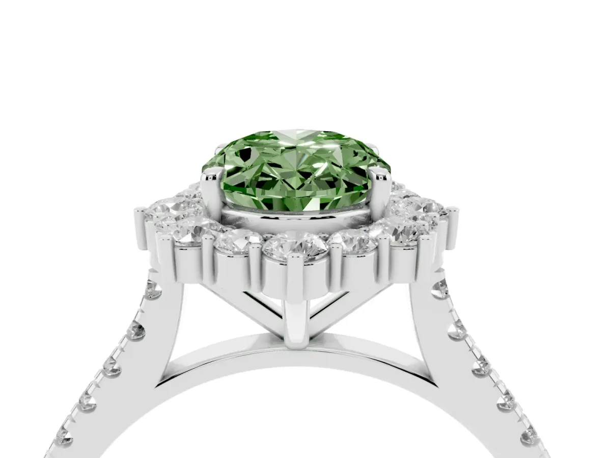 Fancy Green Oval Cut Halo Diamond Ring with Pavé Band and Prong Setting Silver