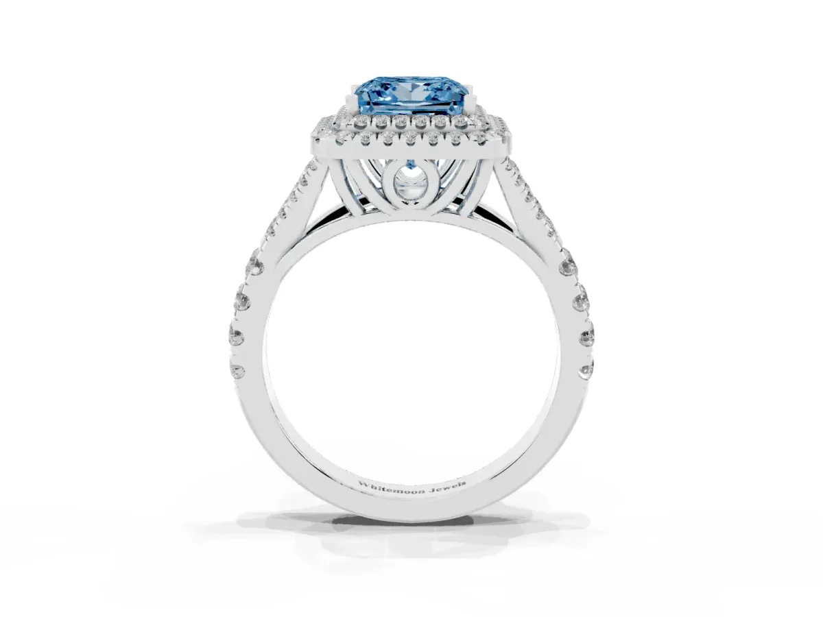 Fancy Blue Double Halo Princess Cut Diamond Split Shank Engagement Ring with Four-Prong Setting Platinum