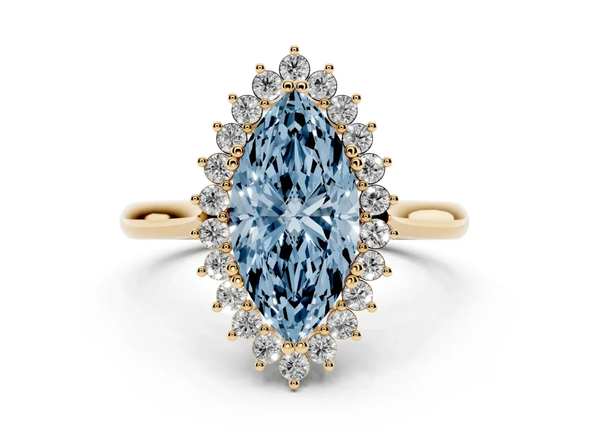 Fancy Blue Marquise Cut Cut Diamond Halo Ring with Solitaire Band and Prong Setting Yellow gold