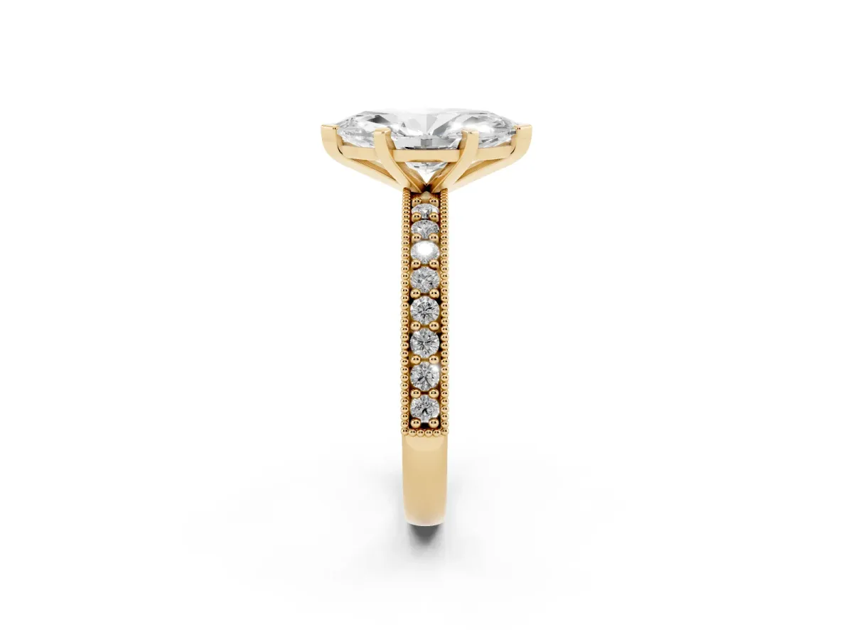 Marquise Cut Diamond Milgrain Pavé Engagement Ring with Four-Prong Setting Yellow gold