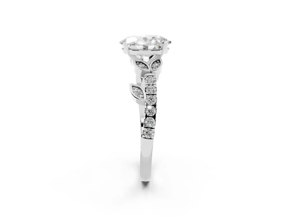 Oval Cut Solitaire Leaf-Inspired Diamond Ring with Pavé Band and Four-Prong Setting Platinum