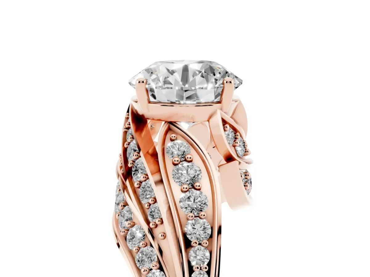Round Cut Diamond Solitaire Ring with Prong Setting and Twisted Pavé Band Rose gold