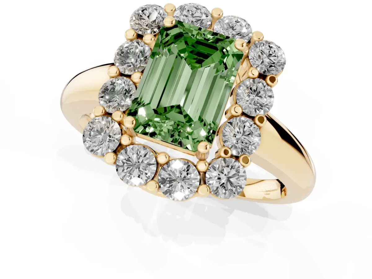 Fancy Green Emerald Cut Halo Cluster Diamond Engagement Ring with Prong Setting and Polished Band Yellow gold