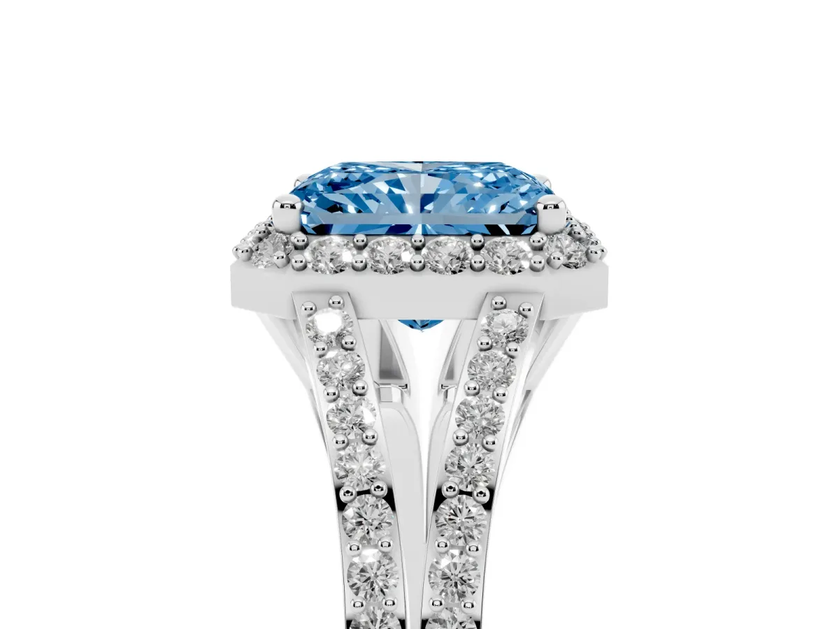 Fancy Blue Radiant Cut Halo Split Shank Pave Diamond Ring with Four-Prong Setting Silver