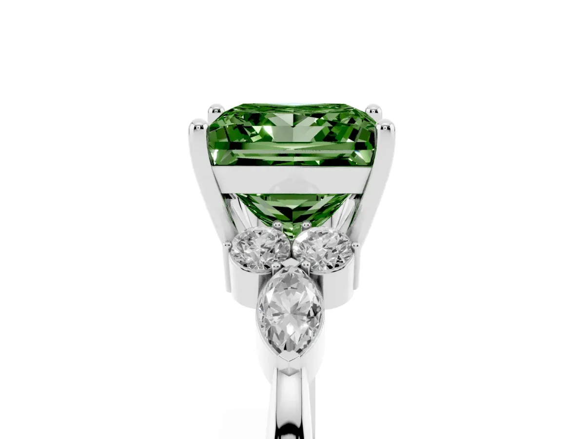 Fancy Green Princess Cut Brilliant Diamond Solitaire Ring with Pear Side Stones and Four-Prong Setting Silver