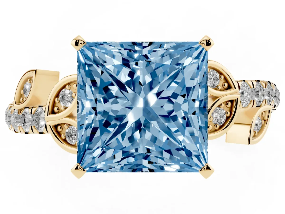 Fancy Blue Princess Cut Solitaire Leaf-Inspired Diamond Ring with Pavé Band and Four-Prong Setting Yellow gold