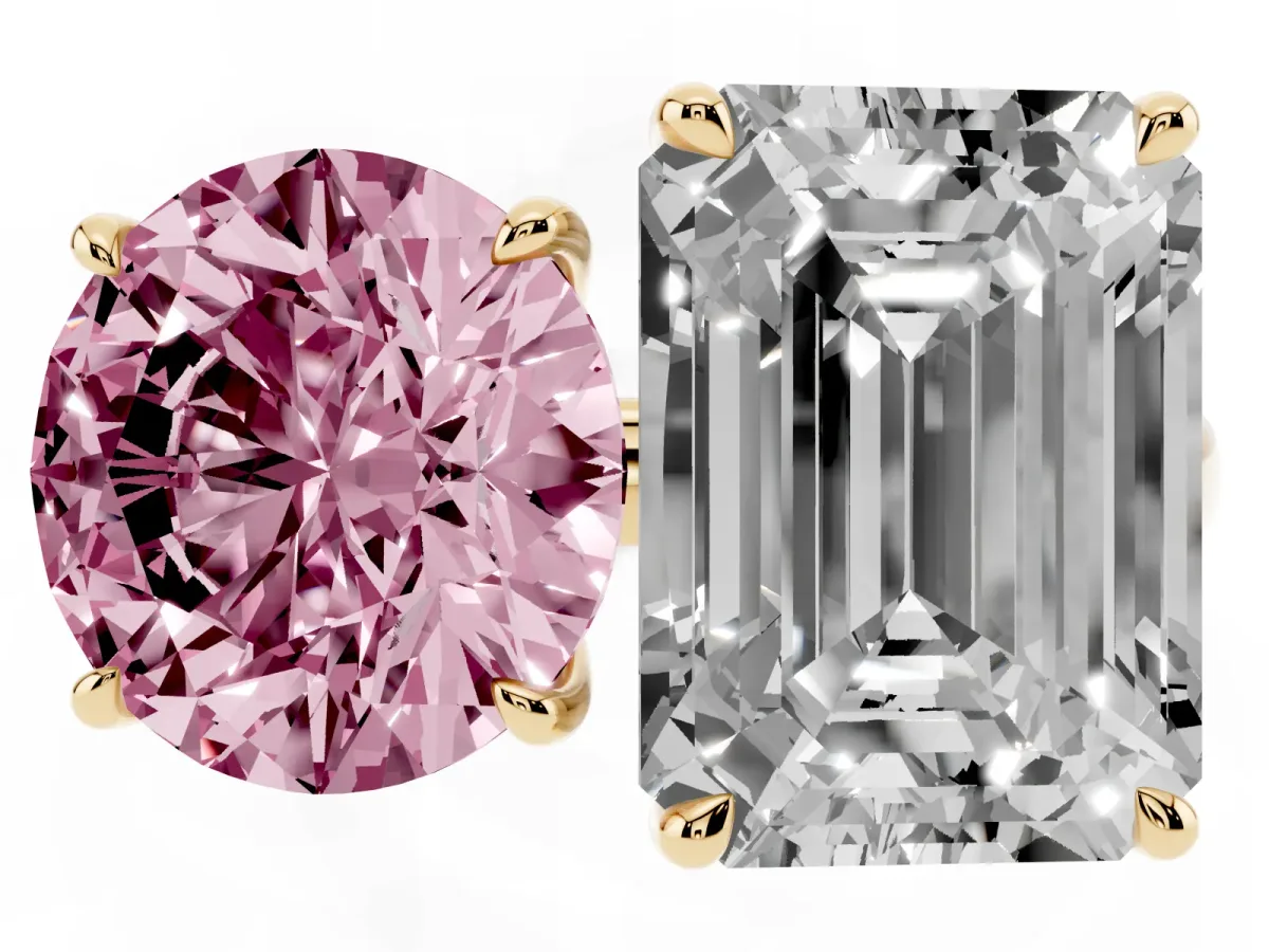 Fancy Pink Round Cut and Emerald Cut Toi Moi Ring with Prong Setting Yellow gold