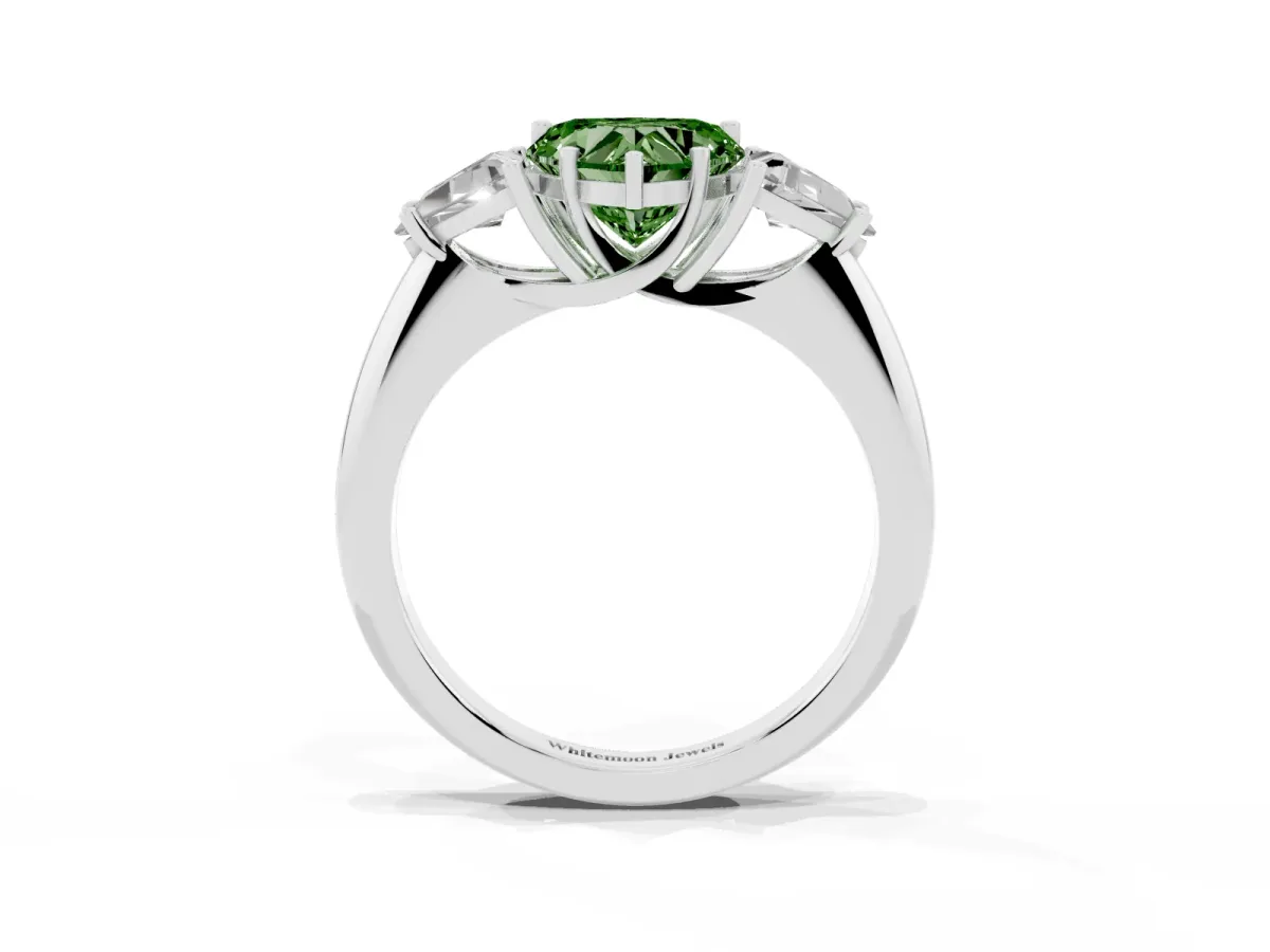 Fancy Green Three-Stone Heart Cut Diamond Engagement Ring with Trillion Side Stones and Prong Setting Silver